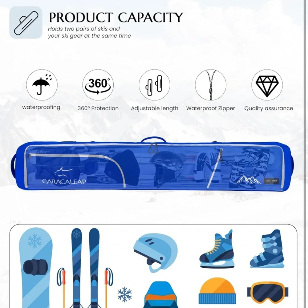 Ski Snowboard Bag Fully Padded for Air Travel 2 pair, Double Size 195CM
